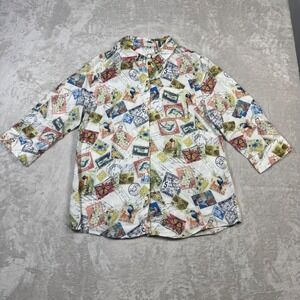 Chicos 100% Linen Stamp Print Button Up Shirt Women Size 8/10 3/4 Sleeve